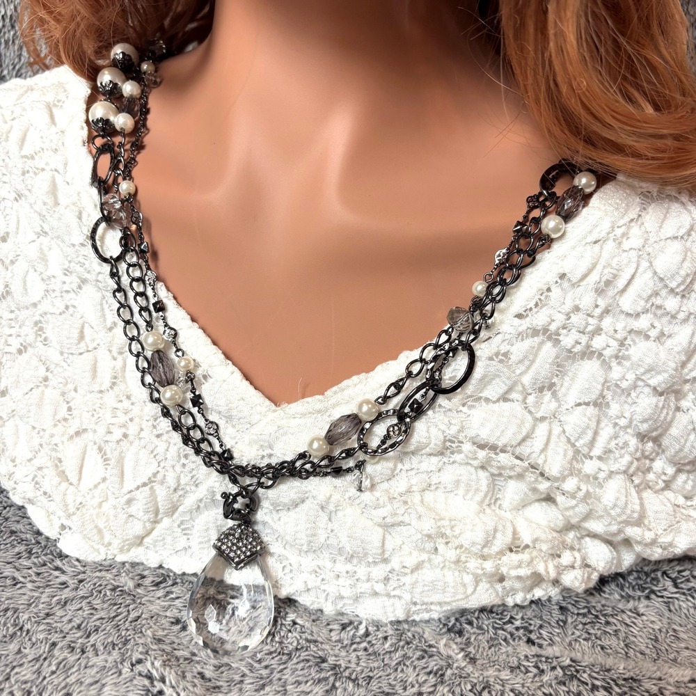 Edgy Layered Necklace White Bead Crystal Teardrop Gunmetal Whimsigoth 21846